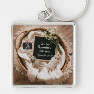Boho basket  pregnancy announcement keepsake  key ring