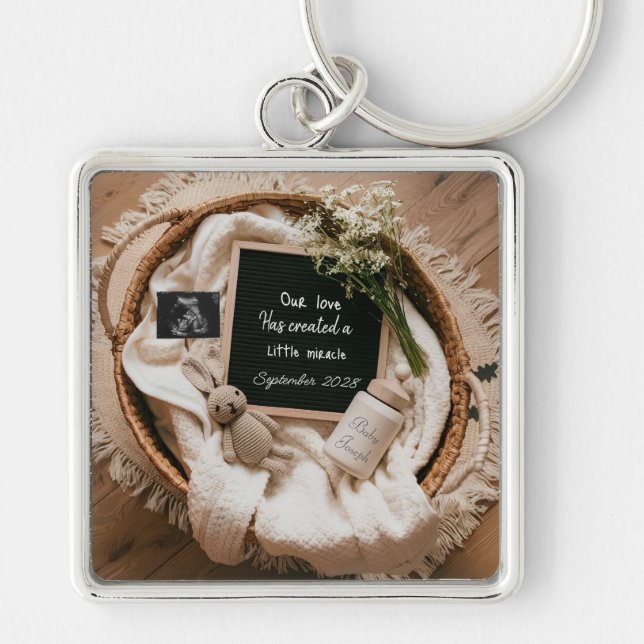 Boho basket  pregnancy announcement keepsake  key ring (Front)