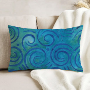Boho Batik Blue Green Spirals Pattern Decorative Cushion