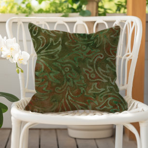 Boho Batik Green and Rust Foliage Pattern Cushion