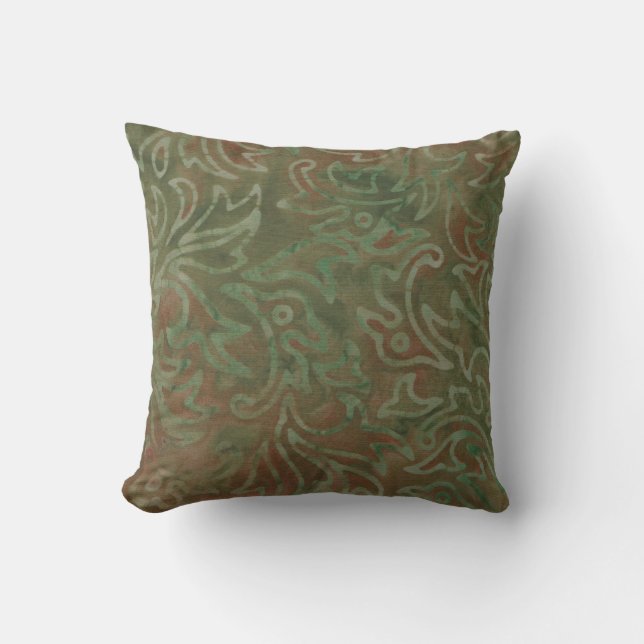 Boho Batik Green and Rust Foliage Pattern Cushion (Front)
