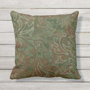 Boho Batik Green and Rust Foliage Pattern Cushion