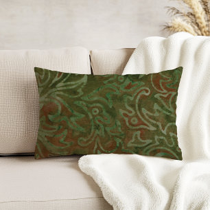 Boho Batik Green and Rust Foliage Pattern Decorative Cushion