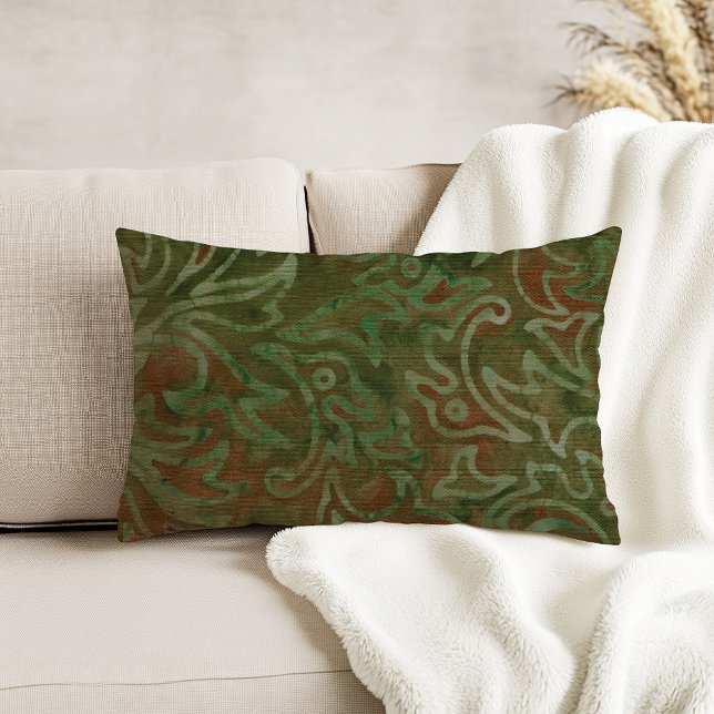 Boho Batik Green and Rust Foliage Pattern Decorative Cushion (Creator Uploaded)