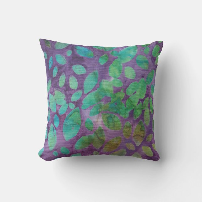 Boho Batik Green Purple Leaf Shapes Abstract Cushion (Front)