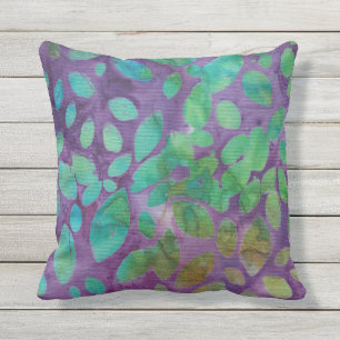 Boho Batik Green Purple Leaf Shapes Abstract Cushion