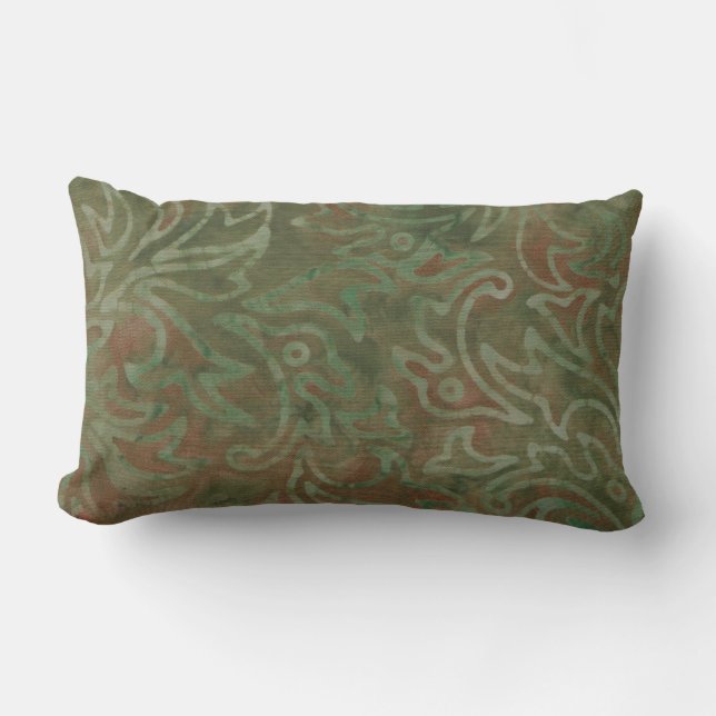 Boho Batik Green Rust Foliage Pattern Lumbar Cushion (Front)