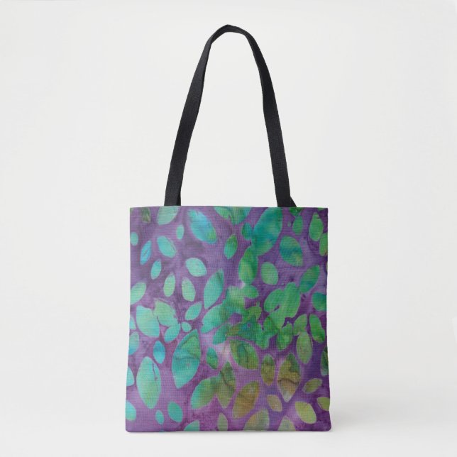 Boho Batik Purple Green Abstract Leaf Pattern Tote Bag (Front)