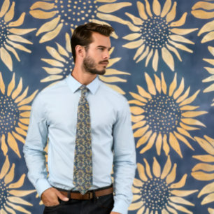 Boho Batik Sunflower Pattern on Dark Blue Tie
