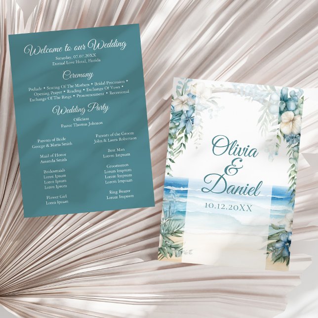 Boho Beach Blue Floral Arch Wedding Program (Boho Beach Blue Floral Arch Wedding Program on a sunny neutral dry palm leaf.)