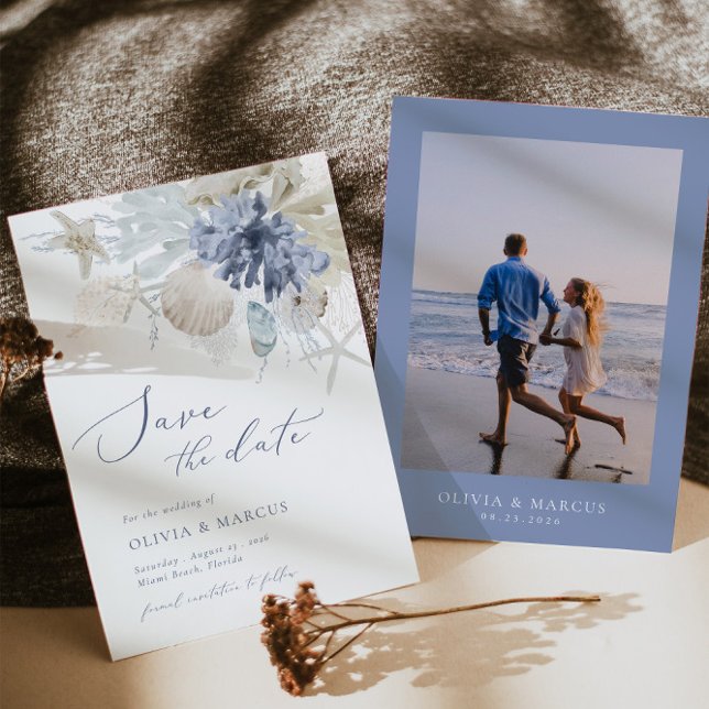 Boho Beach Blue Wedding Save The Date Invitation (Front/Back)