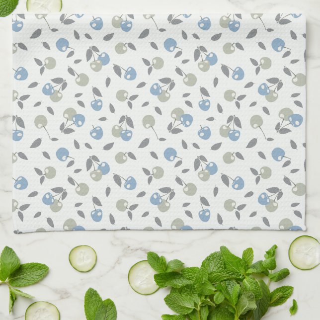 Boho Beach Cherries - sage blue fruit pattern. Tea Towel (Folded)
