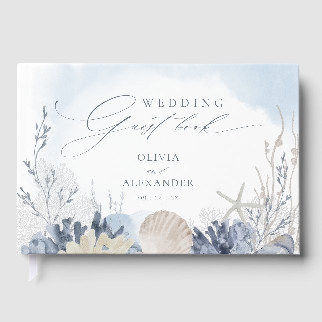 Boho Beach Elegant Romantic Blue Wedding Guest Book (Front)