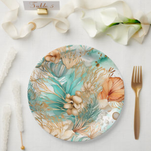 Boho Beach Floral Blue Peach Wedding  Paper Plate
