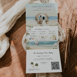 Boho Beach   Illustrated Wedding Tri-Fold Invitation