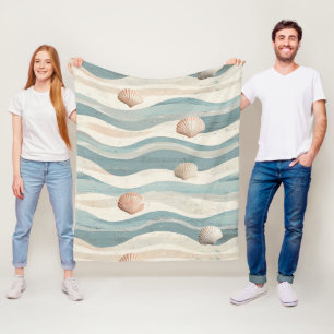 Boho Beach Seashell Waves Fleece Blanket
