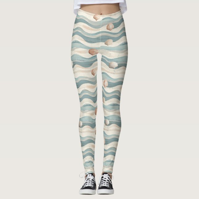 Boho Beach Seashell Waves Leggings (Front)