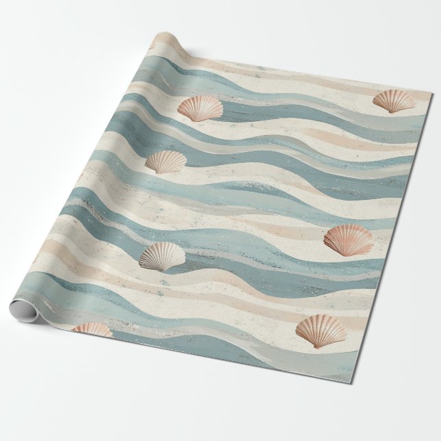 Boho Beach Seashell Waves Wrapping Paper (Unrolled)