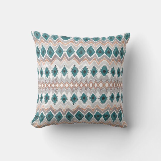 Boho Beach Teal Peach Grey Chevron Diamond Pattern Cushion (Front)