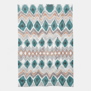 Boho Beach Teal Peach Pale Grey Watercolor Wash Tea Towel