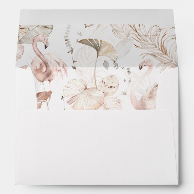 Boho Beach Tropical Beige Floral & Flamingo Envelope (Back (Bottom))