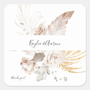 Boho Beach Tropical Beige Floral Thank You Square Sticker
