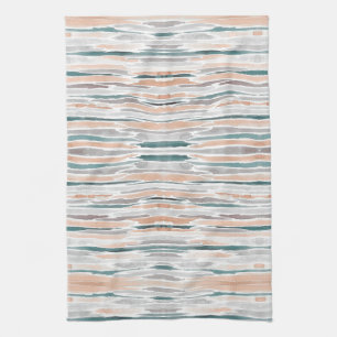 Boho Beach Watercolor Stripes Teal Peach Pale Grey Tea Towel