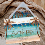 boho beach wedding save the date postcard<br><div class="desc">A pretty boho beach scene design featuring palm trees,  sun,  sea and sand.  A perfect way to announce your upcoming beach/tropical/summer wedding.  Editable name and text fields so you can personalise the details to suit you. Matching wedding stationery and accessories are available in this design,  please visit my shop.</div>