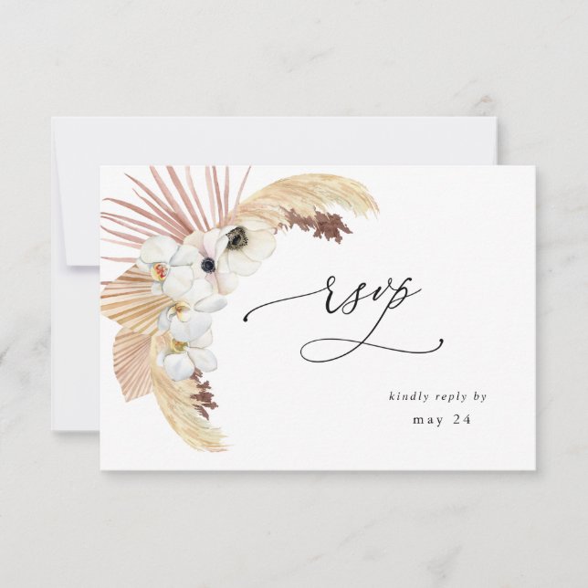 Boho Beach White Floral w Meal RSVP Card (Front)
