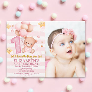 Boho Bear 1st Birthday Girl with Photo Invitation