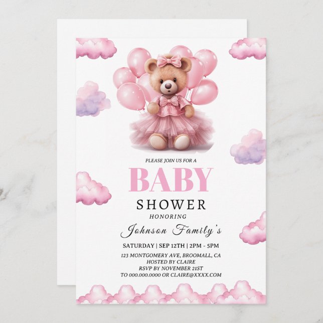 Boho bear baby girl pink Babyshower Invitation (Front/Back)