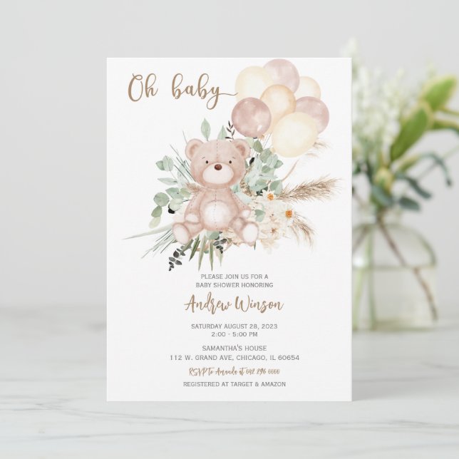 Boho Bear Baby Shower Boy Invitation (Standing Front)