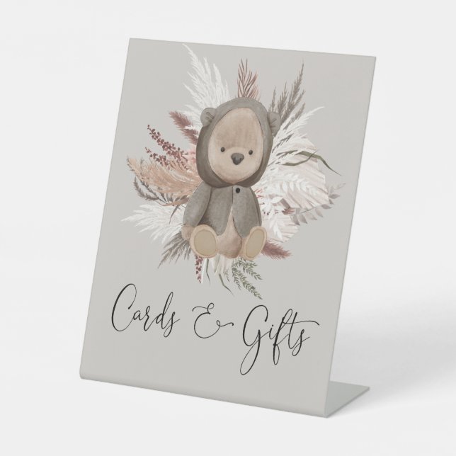 Boho Bear Baby Shower Cards and Gifts Pedestal Sign (Front)