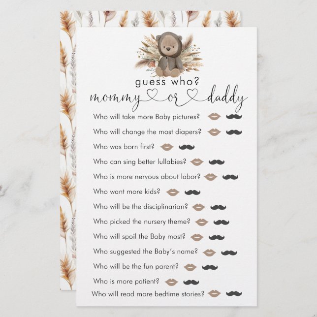 Boho Bear Baby Shower "Guess Who" Game (Front/Back)
