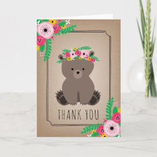 Boho Bear Baby Shower Thank You Brown Card