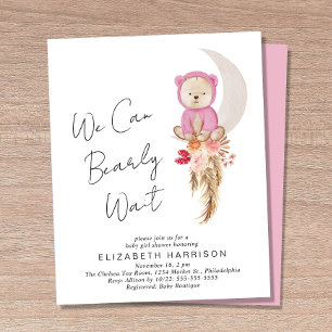 Boho Bear Bearly Wait Baby Girl Shower Invitation
