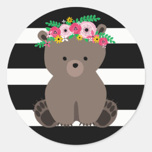 Boho Bear Black + White Stripe Baby Shower Classic Round Sticker