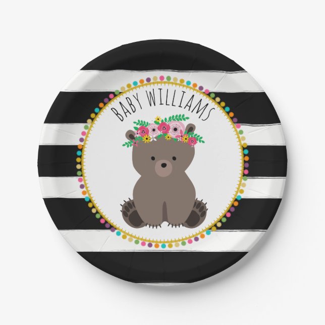 Boho Bear Cardstock Inspired Custom Baby Shower Paper Plate (Front)