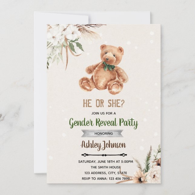 Boho bear gender reveal invitation (Front)
