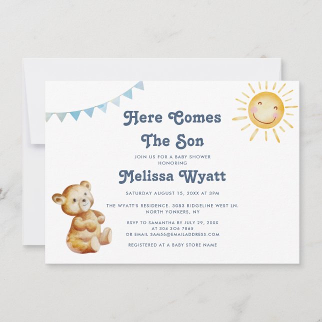 Boho Bear Here Comes The Son Boy Baby Shower  Invitation (Front)