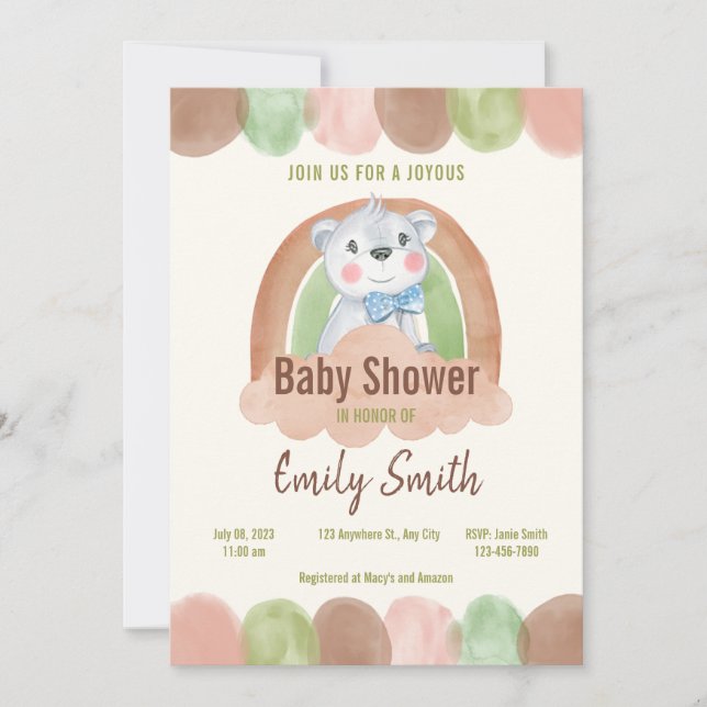 Boho Bear in the Cloud Baby Shower Invitation (Front)