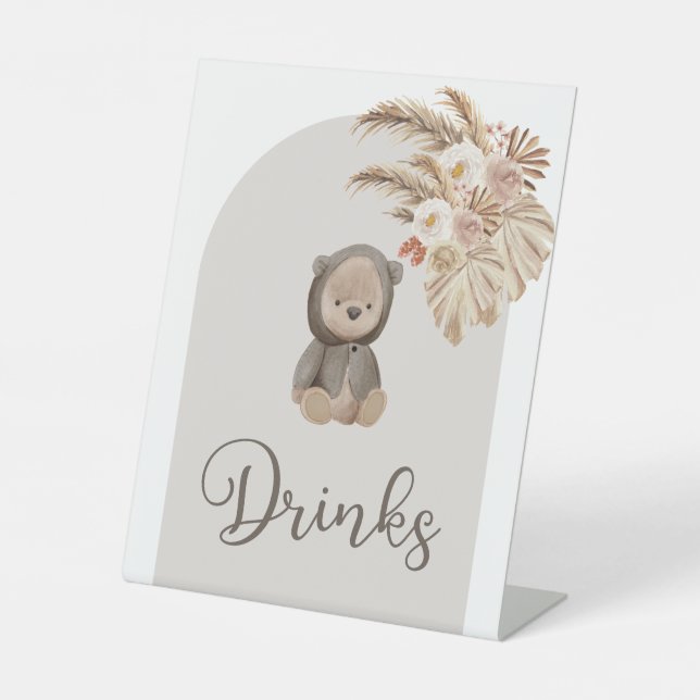 Boho Bear Pampas Grass Baby Shower Drinks Pedestal Sign (Front)