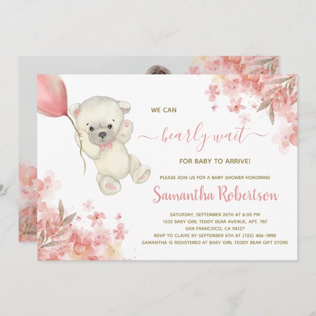 Boho Bear Pink Floral Pampa Grass Girl Baby Shower Invitation (Front/Back)
