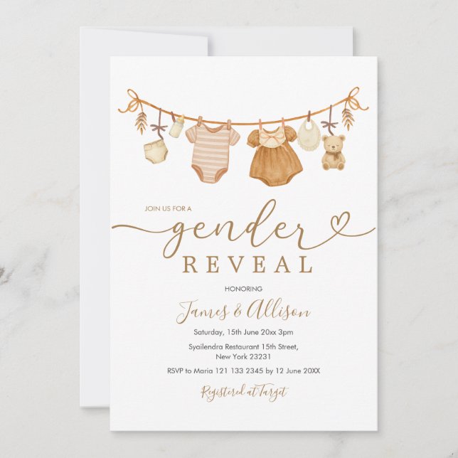  Boho Bear Rustic Baby Clothesline Gender Reveal Invitation (Front)