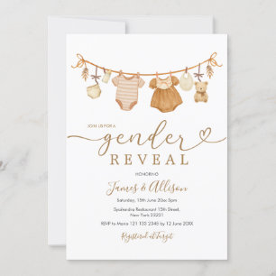  Boho Bear Rustic Baby Clothesline Gender Reveal Invitation