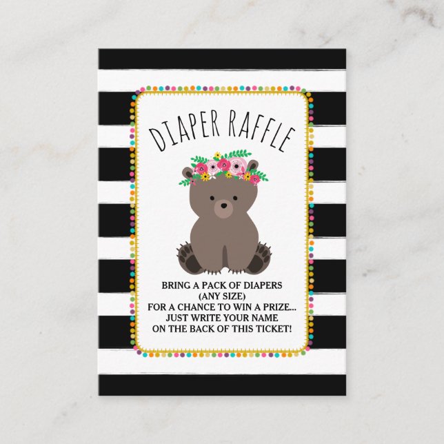 Boho Bear Stripes Baby Shower Diaper Raffle Enclosure Card (Front)