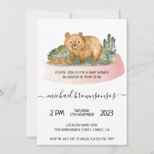 Boho Bear Watercolor Mummy Baby Shower Boy Invitation