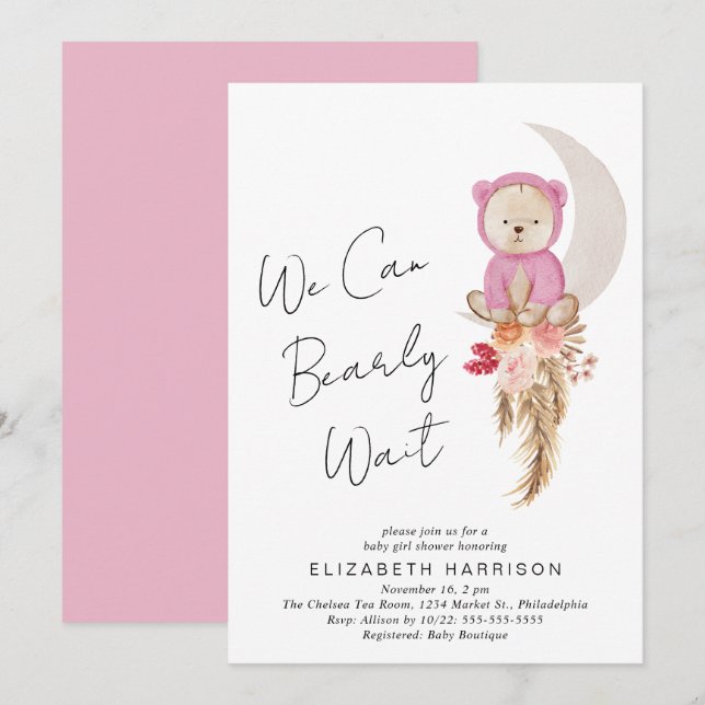 Boho Bear We Can Bearly Wait Baby Girl Shower Invitation (Front/Back)