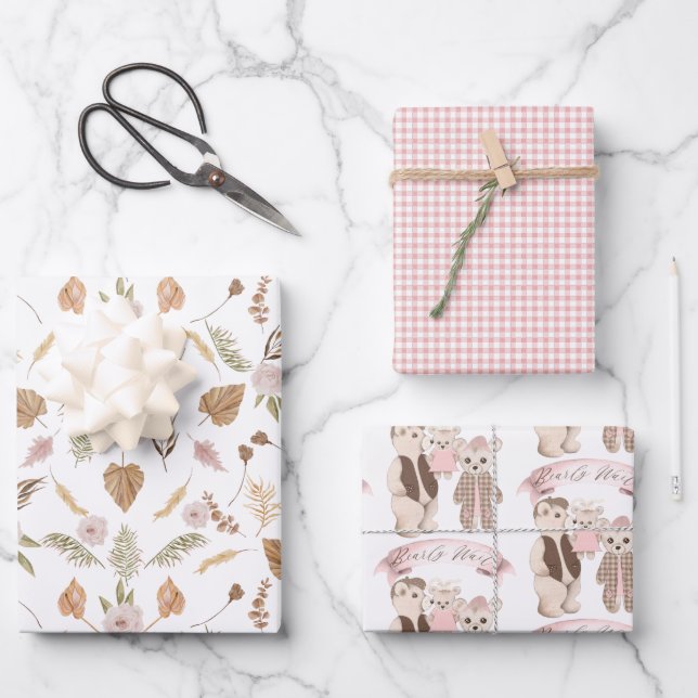 Boho Bearly Wait Bear Family Baby Shower Wrapping  Paper Sheet (Front)
