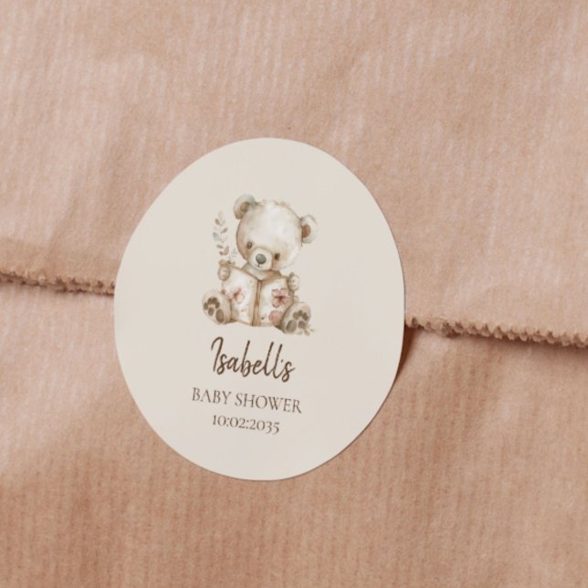 Boho Bearly Wait Storybook Bear Baby Shower  Classic Round Sticker (Creator Uploaded)